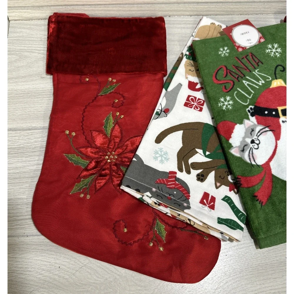 Poinsettia‎ Christmas Stockings (Set Of 2) & Cat Dish Towels (Set Of 2)
